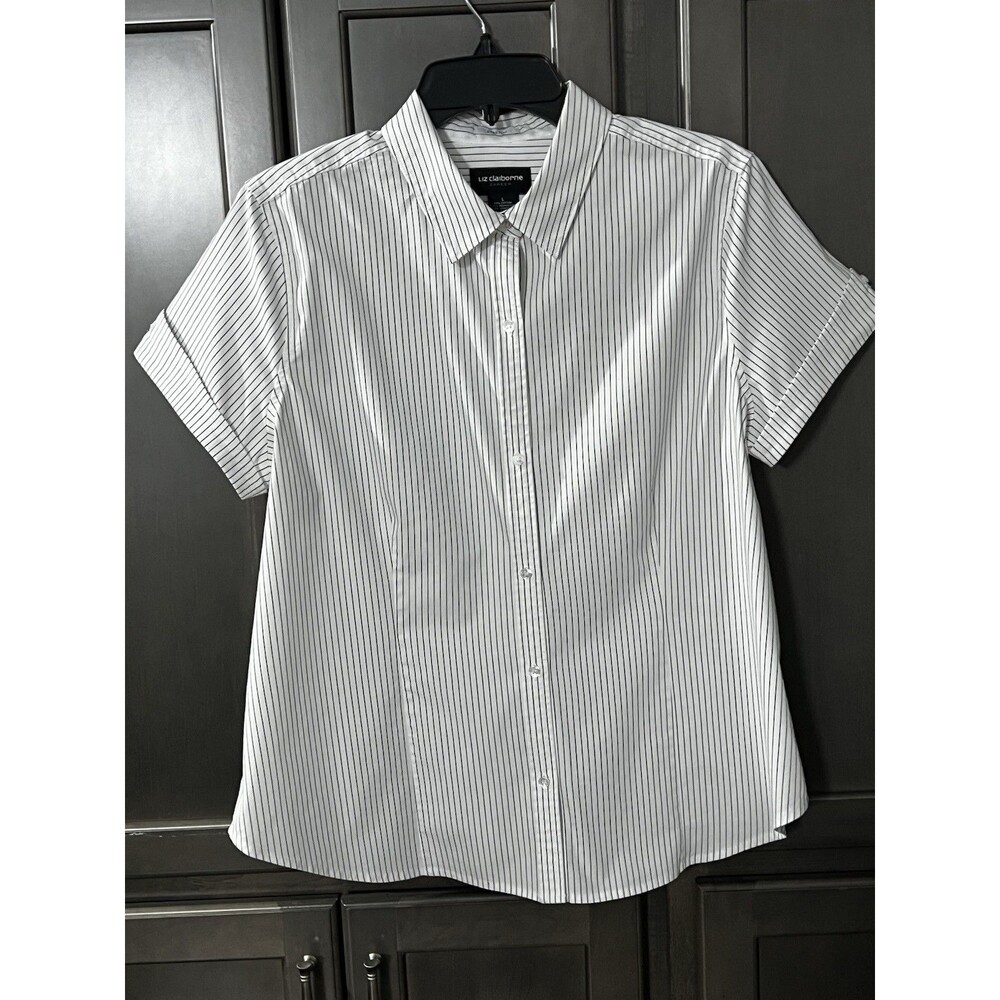 Liz Claiborne White Pinstripe Button Up Collared Short Sleeve Blouse Shirt Large